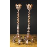 A Pair of Fine Turned & Carved Oak Candlesticks.