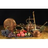 A Collection of Brass & Copperware: An 18th century brass skimmer with iron handle,