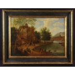 An 18th Century Oil on Canvas: Continental town with figures and river winding through,