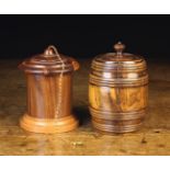 Two 19th Century Treen Containers: A turned figured walnut barrel shaped tobacco jar with ring