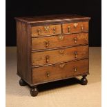 An Early 18th Century Oak & Elm Chest of two short over three long Drawers standing on ball feet.