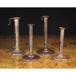 Four Late 18th/Early 19th Century Sheet Iron Hog Scraper Candlesticks;