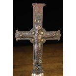 A Limoges Romanesque Copper & Champlevé Enamel Cross, 13th Century, 8" (20 cm) high,