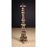 A Large, Early 18th Century Floor Standing Painted & Silver Gilt Wood Pricket Candlestick.