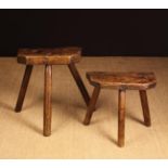 Two 19th Century Cutler's Stools: The tallest of the two having a thick elm slab seat with canted