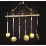 A Group of 18th/19th Century Kitchen Utensils on a Hanging Wrought Iron Rack fitted with six hooks