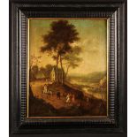 An Oil on Canvas in the 17th Century Flemish Style depicting a landscape with country folk,