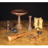 A Collection of Treen: To include a reel turned dice tumbler 5" (13 cm) in length,