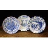 Three 18th Century Blue & White Delft Plates, approximately 12" (30 cm) in diameter.