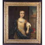 An Early 18th Century Oil on Canvas: Three-quarter Length Portrait of a Boy stood before a draped