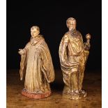 Two Small Early 18th Century Spanish Polychromed and Giltwood Carvings: One of Saint Paul depicted