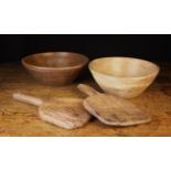 Two 19th Century Treen Butter Paddles and Two Treen Bowls. The primitive butter pats 12" (30.