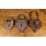Three 17th Century Iron Padlocks: One large with key 9" x 5½" x 1¼" (23 cm x 14 cm x 3 cm),