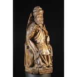 A Large Early 16th Century Wood Carving of Enthroned Pope with traces of residual polychrome,
