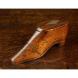 A Victorian Carved Mahogany Snuff Box in the form of a shoe with sliding lid and piqué work