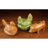 Three Small 19th Century Pottery Money Banks: Two moulded in the form of a chicken sat on a basket;