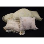 Six Fine Antique Lace Pillows delicately worked and backed in shell pink silk.