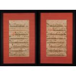 Two 17th Century Hymnal Leaves with four staved manuscript executed in red and black inks on paper,