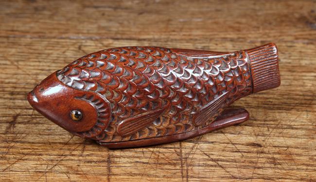 A Late 19th Century Treen Snuff Box in the form of a fish with chip carved scales, - Image 7 of 8