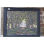 A surrealist style oil on panel with label verso, The Beeches - Elliott Willmer, under glass, in a