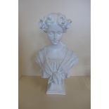 A stone effect bust of a young lady, 47cm tall