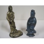 An 18/19th century Chinese hardstone carving of Guanyin together with a bronze of Guanyin, height of