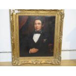 An oil on canvas portrait of a Victorian gentleman in a gilt swept frame, 103cm x 90cm - painting