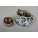 Two Royal Crown Derby paperweights, old Imari Frog 236 boxed, and seven spot ladybird, both good