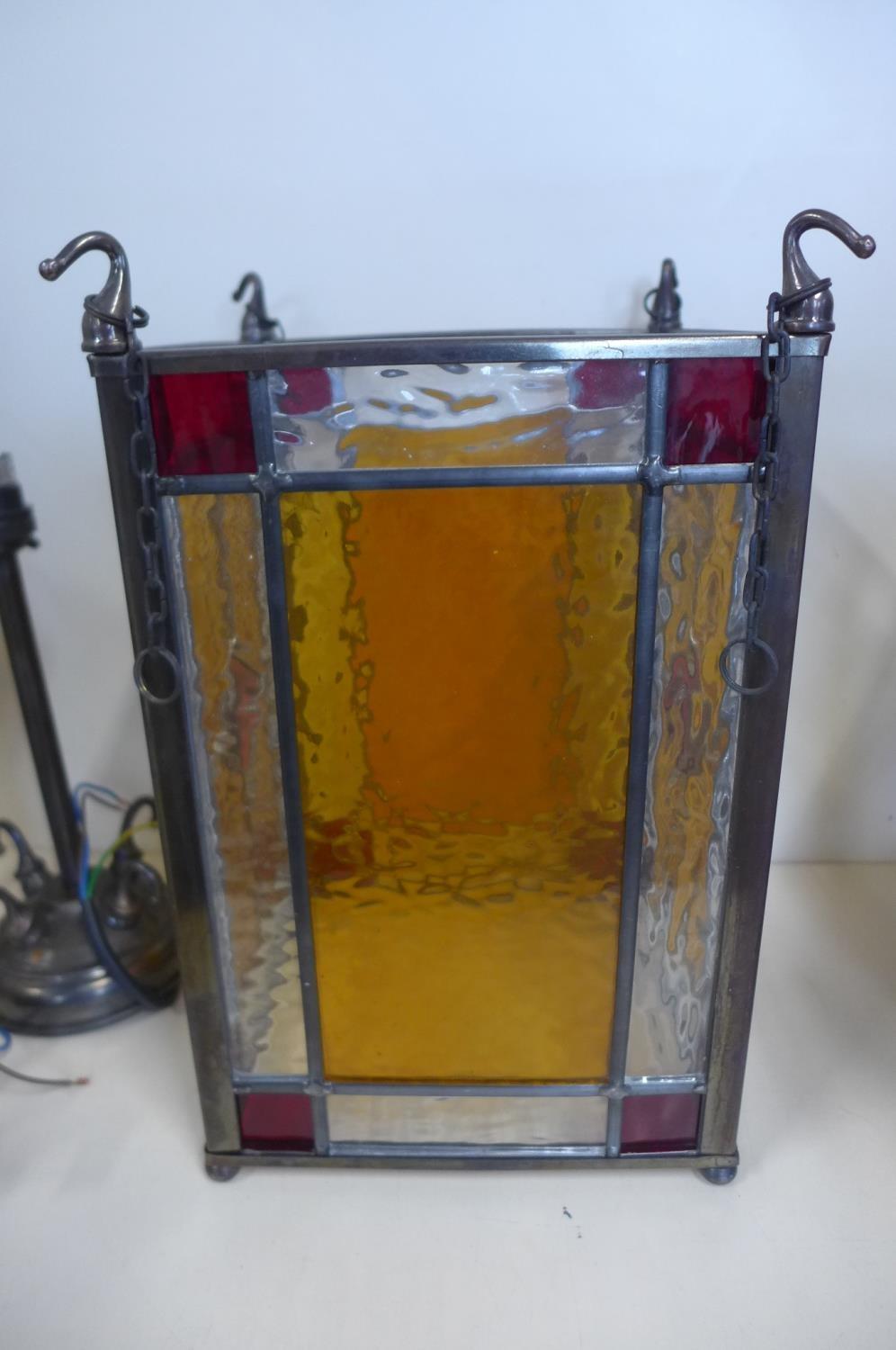 A pair of Victorian style coloured glass hanging lanterns, 31cm H x 19cm square - Image 3 of 3