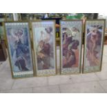 A set of four modern prints of Mucha semi clad ladies in gilt frames - 120cm x 48cm