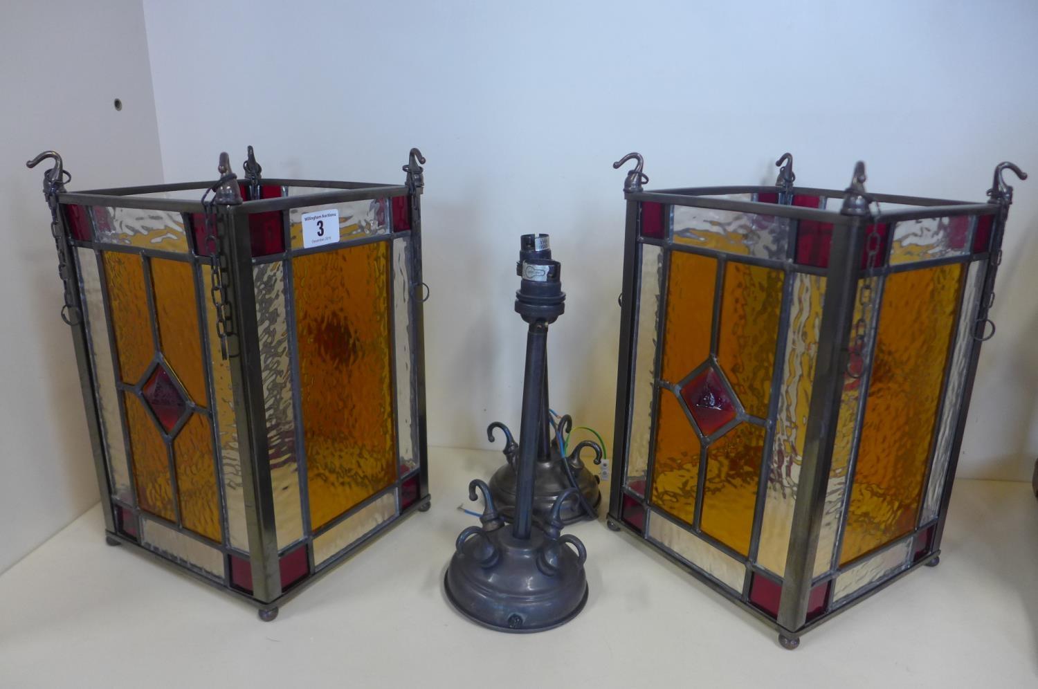 A pair of Victorian style coloured glass hanging lanterns, 31cm H x 19cm square