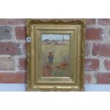 An oil on board of a child in autumn with label verso - Harry G Sh.... RBA, in a gilt frame -