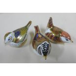 Three Royal Crown Derby paperweights - Derby Wren, Firecrest, both boxes and Crested Tit - all good