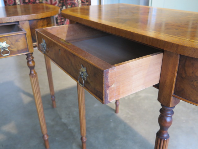 A pair of walnut D shaped side tables with a single drawer on turned reeded legs, made by a local - Image 3 of 3