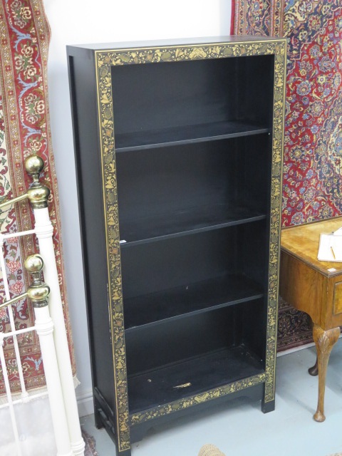 A chinoiserie style black tall bookcase with three shelves, 170cm tall x 80cm x 30cm - slight damage