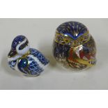 Two boxed Royal Crown Derby paperweights, Little Owl 545 and Sitting Duckling, all good