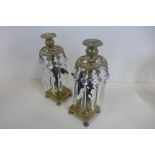 A pair of brass candle stick lustres with bird on a branch, 26cm tall, generally good, some small