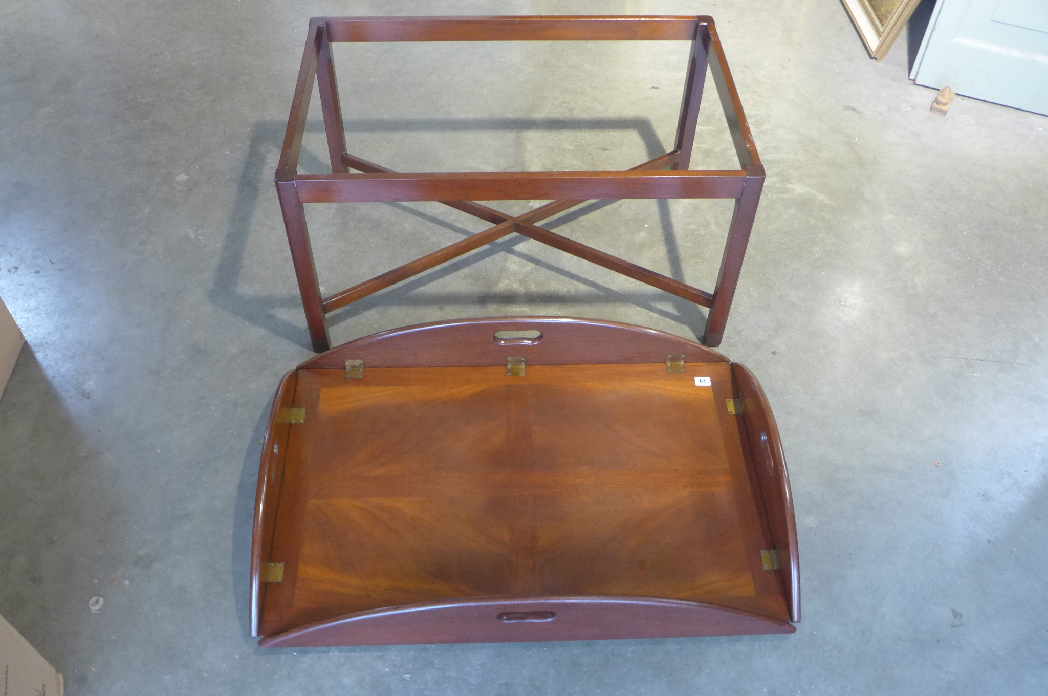 A mahogany butlers tray on stand on the form of a coffee table, 63cm H x 93cm x 62cm closed - Image 3 of 3