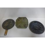 A Cloissonne plate, a bronze Japanese mirror and a brass crab and frog lily pad tray 25cm x 23cm