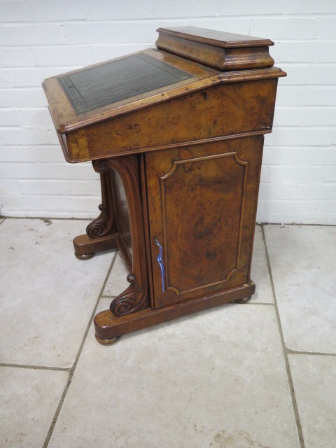 A Victorian burr walnut davenport desk with a stationary compartment, fitted interior and four - Image 2 of 6