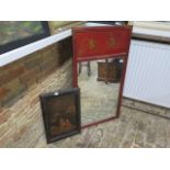 An oriental lacquered panel 60x39cm - and a chinoiserie decorated mirror, 114x61cm