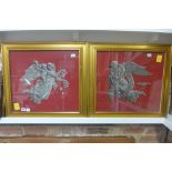 A pair of framed bead work and needlework designs of angels and cherubs, with Christies labels for