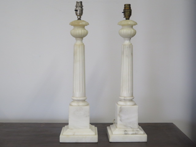 A pair of white marble table lamps, 52cm tall, and a pair of shades, shades need fittings - Image 2 of 3