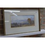 A watercolour landscape entitled verso, extensive landscape with lake initialed B S, James Burrell