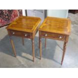 A pair of burr oak lamp tables with a single drawer on turned reeded legs, 76cm H x 50cm x 49cm -