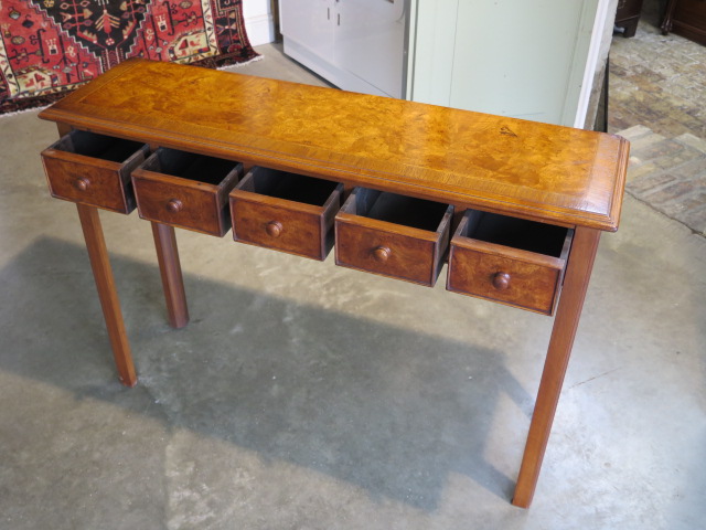 A walnut hall table with five small drawers, 77cm H x 108cm x 30cm - made by a local craftsman to - Image 2 of 3