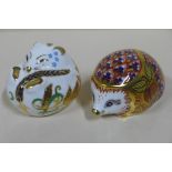 Two boxed Royal Crown Derby paperweights, Orchard Hedgehog and Sleeping Dormouse, both good