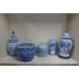 Five pieces of modern oriental blue and white china, tallest 44cm, all good