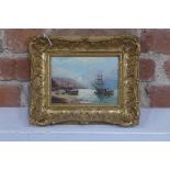 An oil on panel, Ships by the Shore - signed Dudley Harris, in a gilt swept frame, 23x28cm