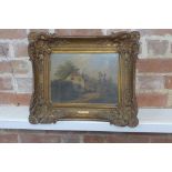 Country cottage scene - oil on panel under glass, in a gilt frame, with label John Crowe,